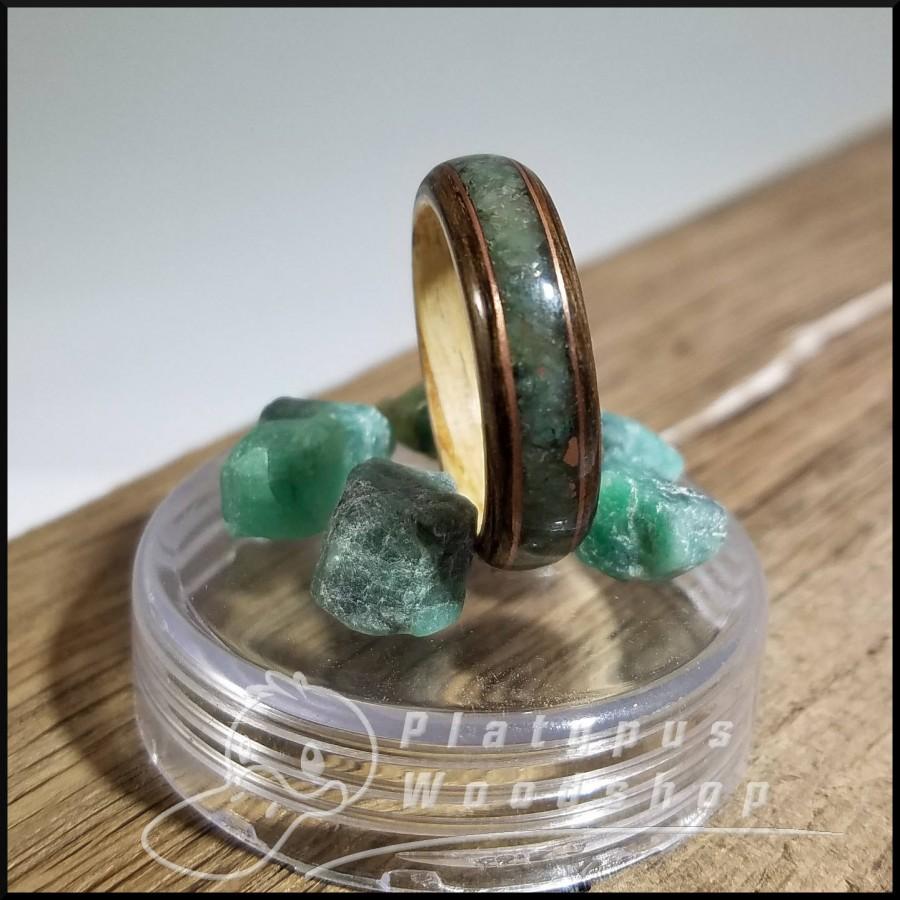 Свадьба - Wooden Ring - "Erin's Eyes" - Irish Bog Oak - Brazilian Emerald - Copper - White Oak - Bent Wood - Custom Ring