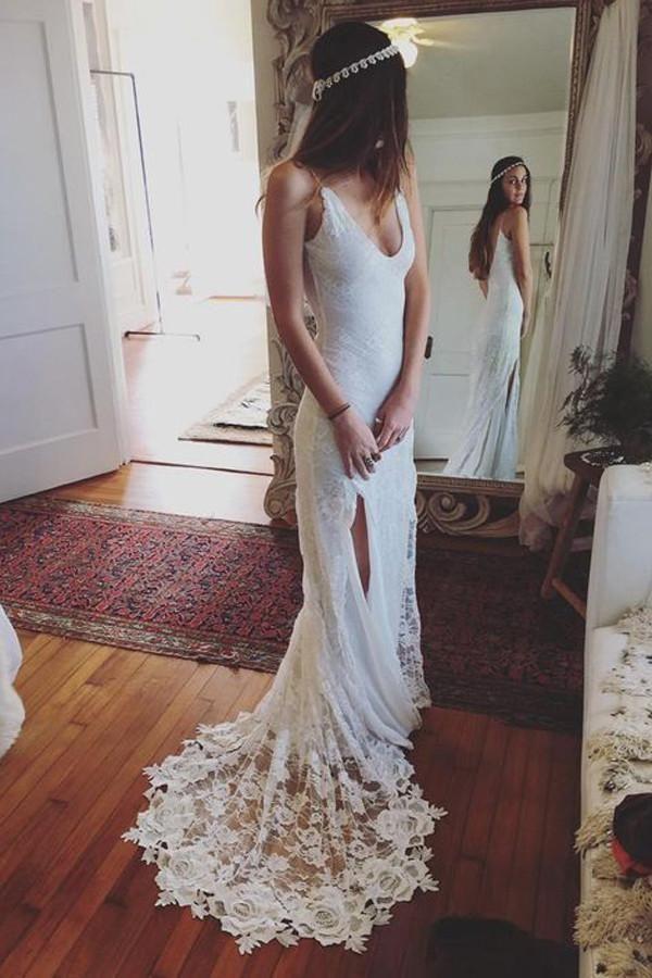 زفاف - Spaghetti Straps V-neck Long Mermaid Lace White Wedding Dresses Z0165
