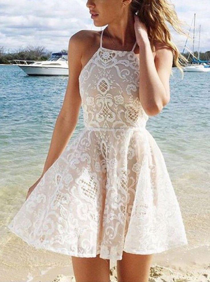 Wedding - A-line Halter Short Ivory Criss-Cross Straps Lace Sleeveless Homecoming Dress