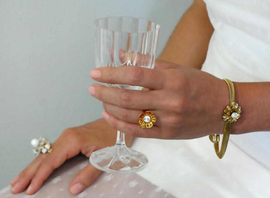 زفاف - Mother Gift For Women, Gold Flower Bracelet, Gold Flowers Bracelet With Sparkling Diamonds Crystals