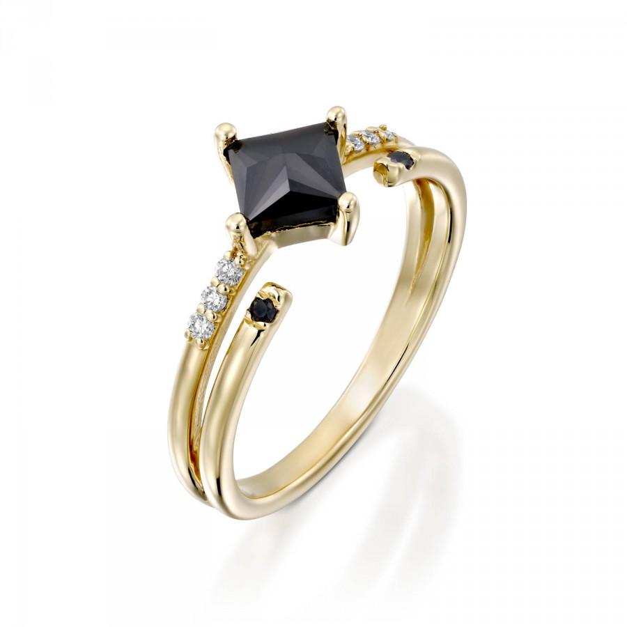Wedding - Black Diamond Engagement Ring In 14k Yellow Gold With Double Band- Promise Ring, Anniversary Ring, Art deco ring