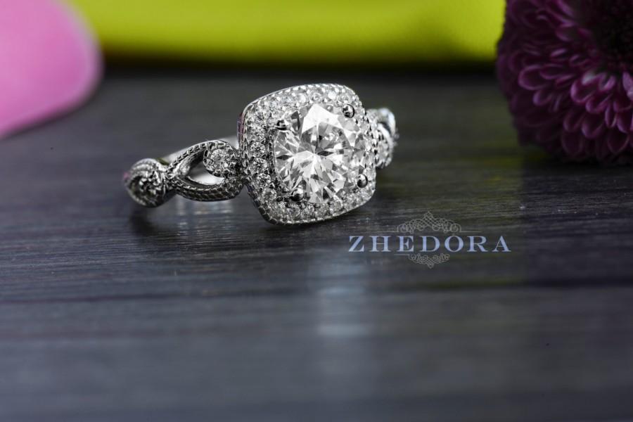 زفاف - 1.25 CT Engagement Ring Round Cut Square Halo Simulated Stone micro pave Sterling Silver Rhodium Plated Wedding Ring Bridal Ring 0HBGR00991