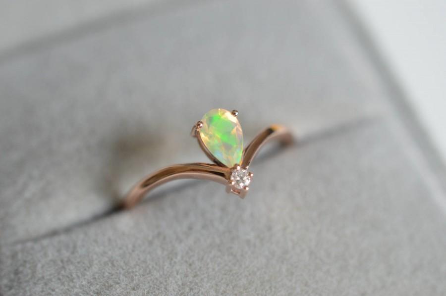 Hochzeit - Rose Gold Opal Engagement Ring Green Fire Opal Enagement Ring Opal Wedding Ring 14k 18k Gold Crown Teardrop Opal Ring Rose Gold Ring