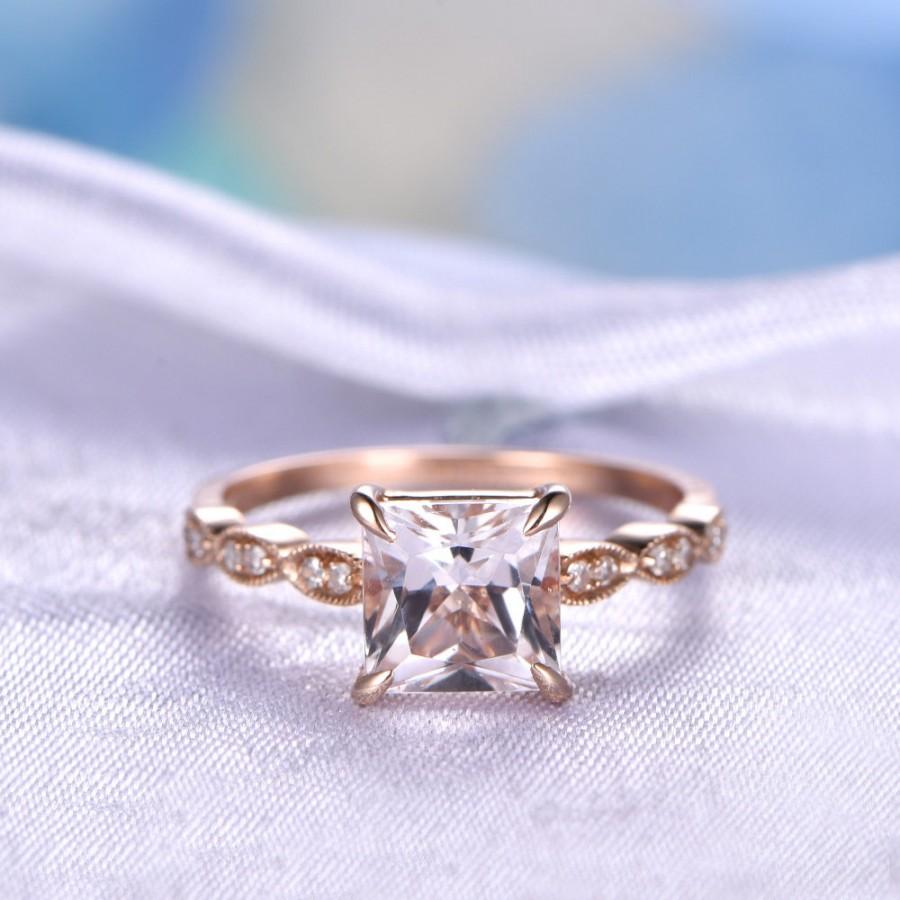Wedding - Pink Morganite Engagement Ring 7mm Princess Cut Morganite Ring 14k Rose Gold  Art Deco Antique Diamond Wedding Ring Marquise Style Ring
