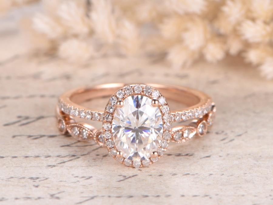 زفاف - 6x8mm Oval Cut Moissanite Engagement Wedding Ring,2pcs Wedding Ring Set,Diamond Wedding Band,Art Deco,Half Eternity,14K Rose Gold Bride Ring