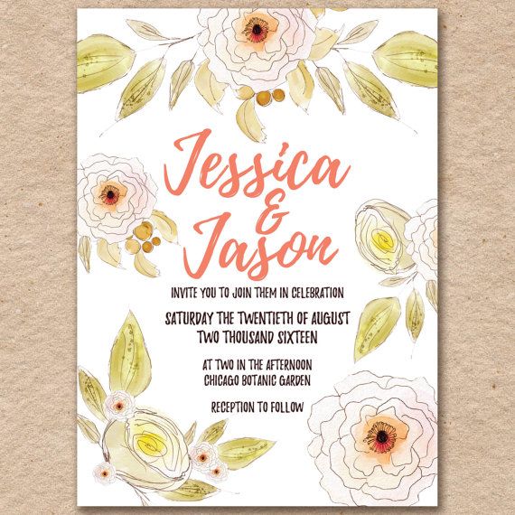 زفاف - Watercolor Wedding Invitation, Ranunculus, Champagne Flowers, Digital Printable File Available, Botanical, Casual Design, Handwritten Script