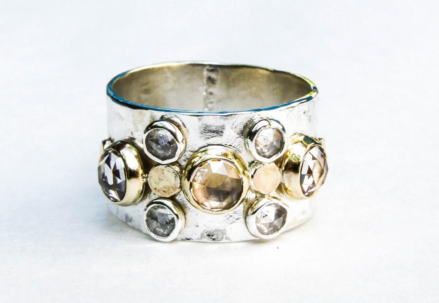 زفاف - Unique Engagement Ring, White topaz Ring, Solid Gold and Silver, Hammered silver sterling, Wedding Ring, Engagement Ring, Anniversary Ring
