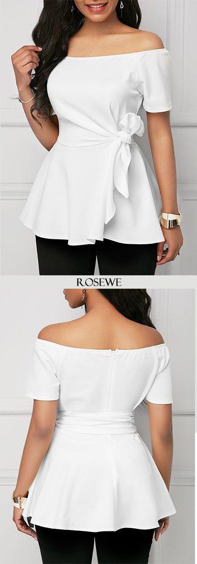 Mariage - Short Sleeve Belted Off The Shoulder White Blouse