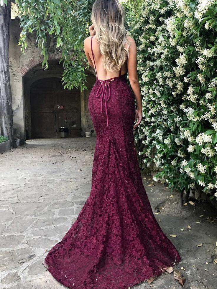 زفاف - Chic Burgundy Prom Dresses Long Mermaid Modest Cheap Long Prom Dress With Lace AMY185