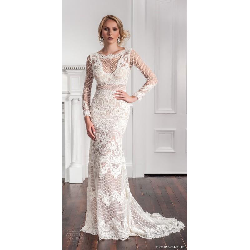 Hochzeit - Muse by Callie Tein 2017 Roux Chapel Train Ivory Elegant Long Sleeves Fit & Flare Illusion Split Front Fall Lace Bridal Gown - Royal Bride Dress from UK - Large Bridalwear Retailer