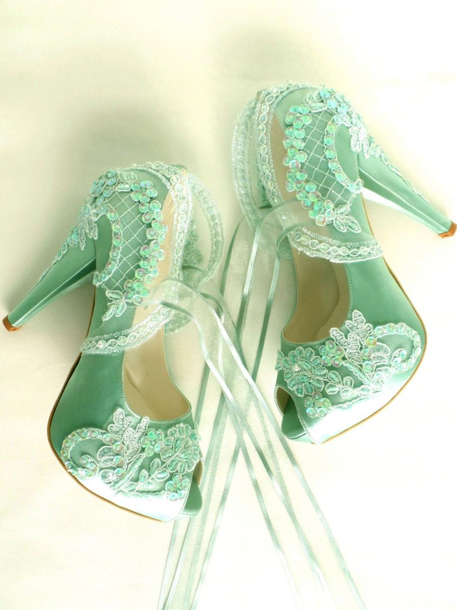 زفاف - Wedding Shoes - Embellished Sage Green Bridal Shoes