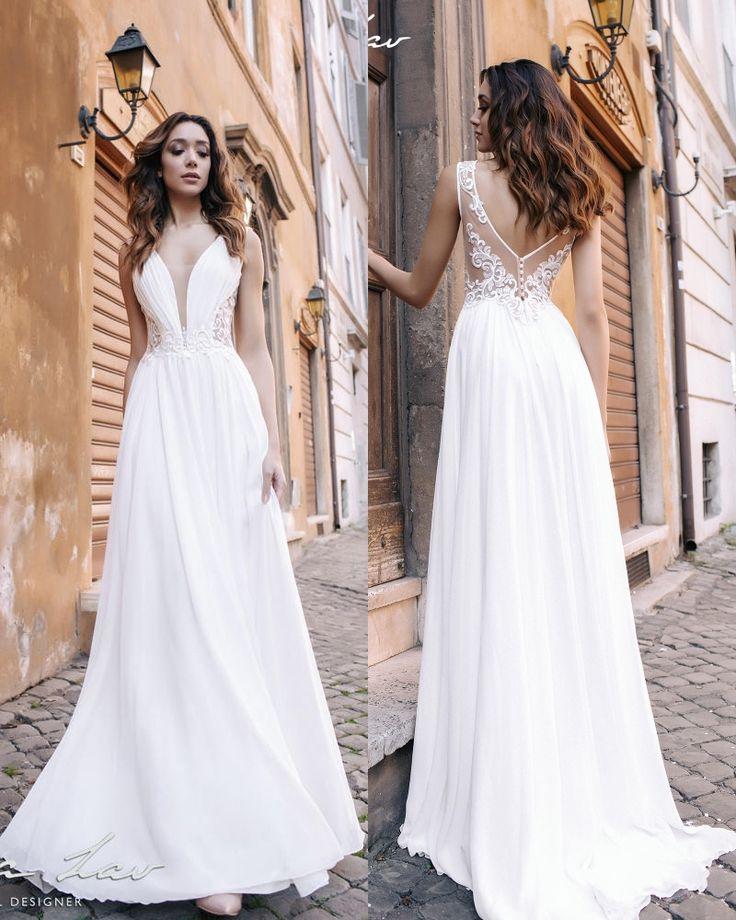 Mariage - Sexy White Chiffon Deep V-neck Elegant Beach Wedding Dresses POLA