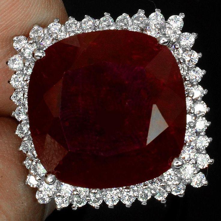 زفاف - A Natural 14K White Gold 38CT Cushion Cut Blood Red Ruby White Sapphire Ring