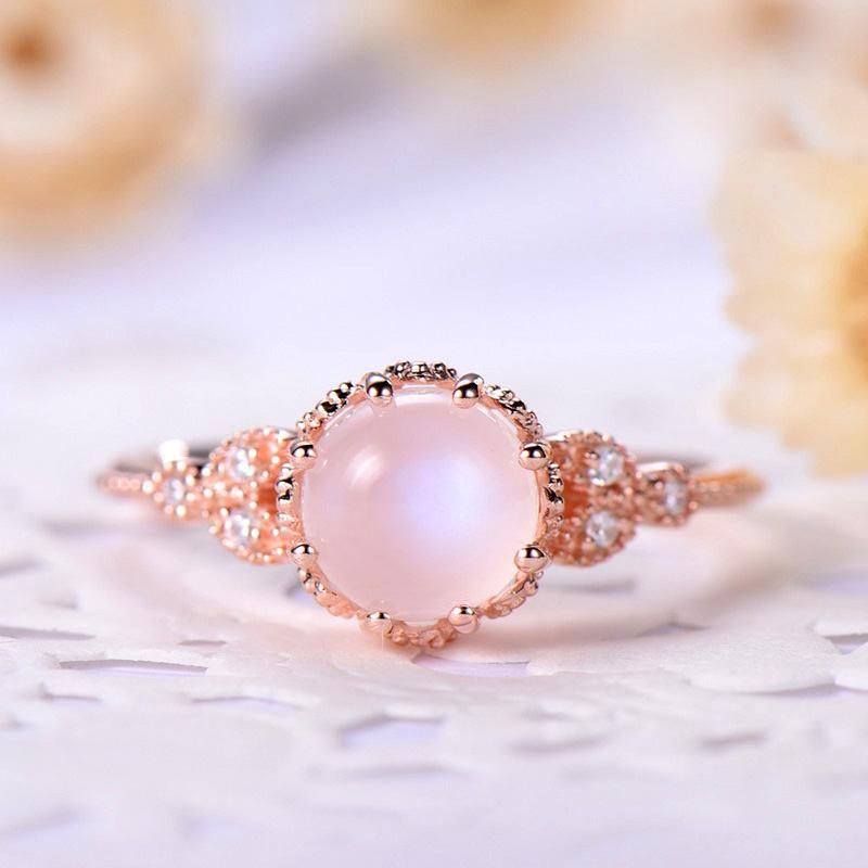 Hochzeit - Moonstone Engagement Ring Rose Gold 14k/18k Bezel Set Retro Vintage Marquise or 925 Sterling Silver with Man Made CZ Diamond Art Deco