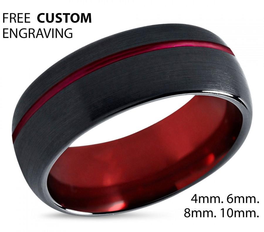 زفاف - Mens Wedding Band Red, Black Tungsten Ring 8mm, Wedding Ring, Engagement Ring, Promise Ring, Personalized, Gifts for Men, Mens Ring