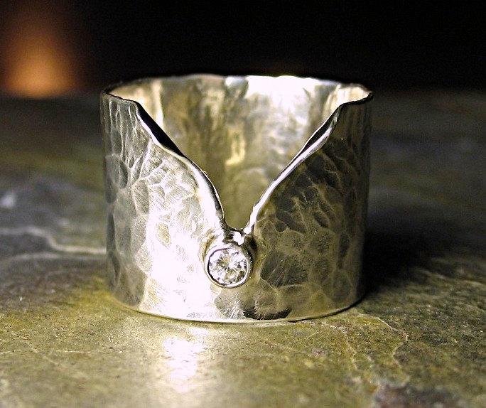 زفاف - Diamond ring artisan ring sterling silver wide band engagement ring - Ice Whisper