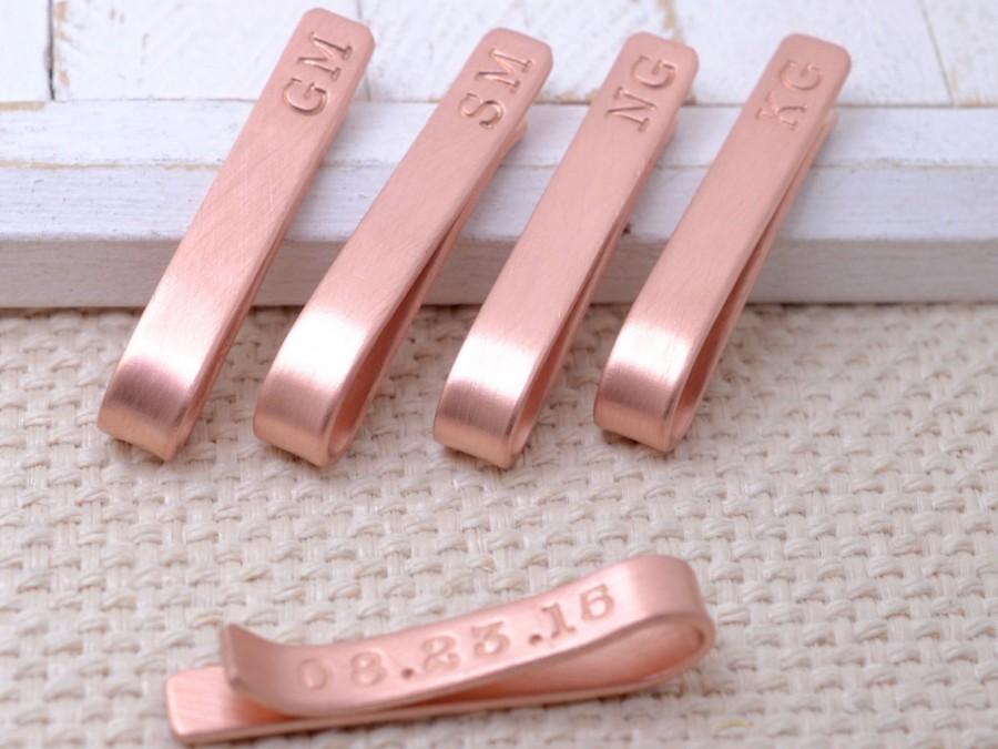 Hochzeit - Rose Gold Color Personalized Copper Tie Clip Groomsmen Set, Monogram Tie Tack, Tie Bar, Stamped Tie Bar, Best Man Gift, Groomsmen Gift