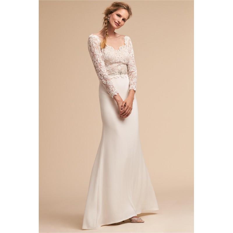 زفاف - BHLDN Spring/Summer 2018 Langston Ivory Elegant Sweep Train V-Neck Fit & Flare Long Sleeves Lace with Sash Dress For Bride - Elegant Wedding Dresses