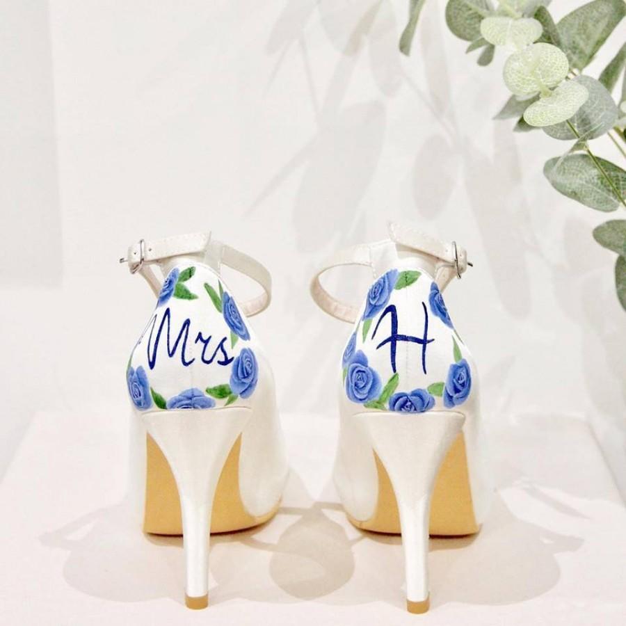 Hochzeit - Blue Rose & Personalised Name Hand-painted Custom Wedding Shoes
