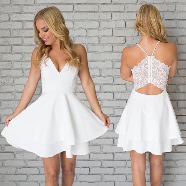 زفاف - White Deep V Neck Short Prom Dress,Spaghetti Strap Hollow Back Homecoming Dress,Party Dress SH174
