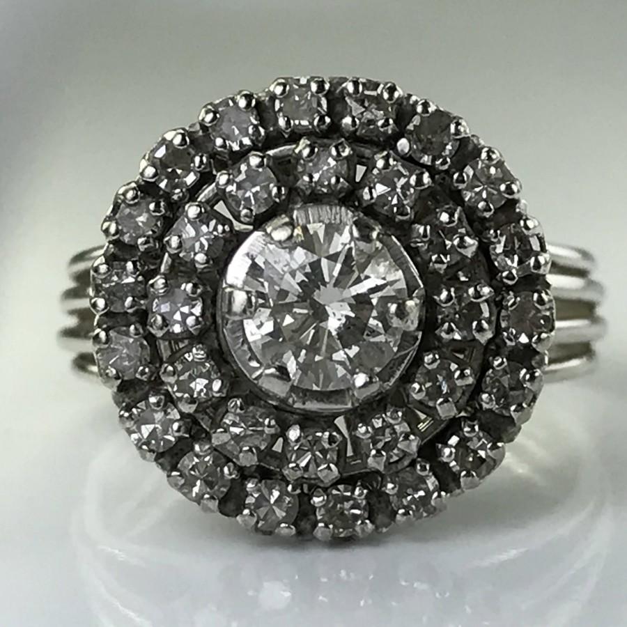 زفاف - Vintage Diamond Cluster Ring. Platinum Sunburst Setting. Unique Engagement Ring. April Birthstone. 10 Year Anniversary. Estate Jewelry.