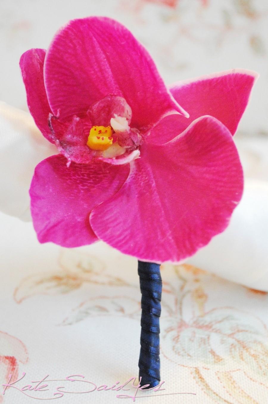 Wedding - Tropical Boutonniere, Orchid Boutonniere, Fuchsia and Navy Orchid Boutonniere, Beach Wedding Boutonniere