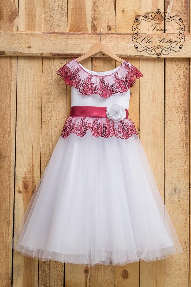 Mariage - Burgundy dress girl toddler lace dress red dress for girls tulle lace dress tulle dress girls flower girl dresses lace flower girl dress