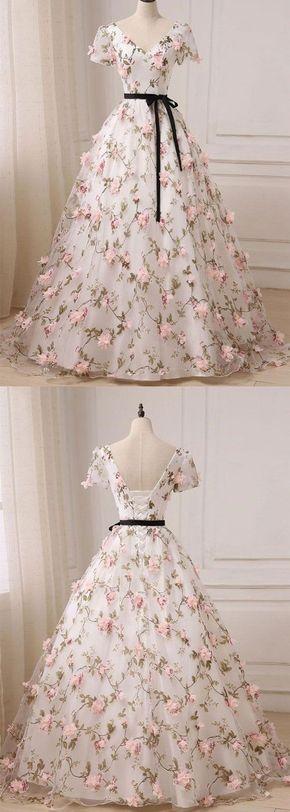 Wedding - Ball Gown Prom Dresses V-neck Floor-length Floral Long Lace Prom Dress JKL519