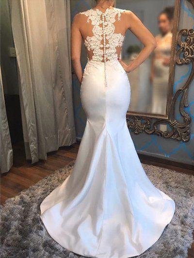 Mariage - Elegant White Satin Mermaid Wedding Dress With Lace Appliques,JD 146 From June Bridal