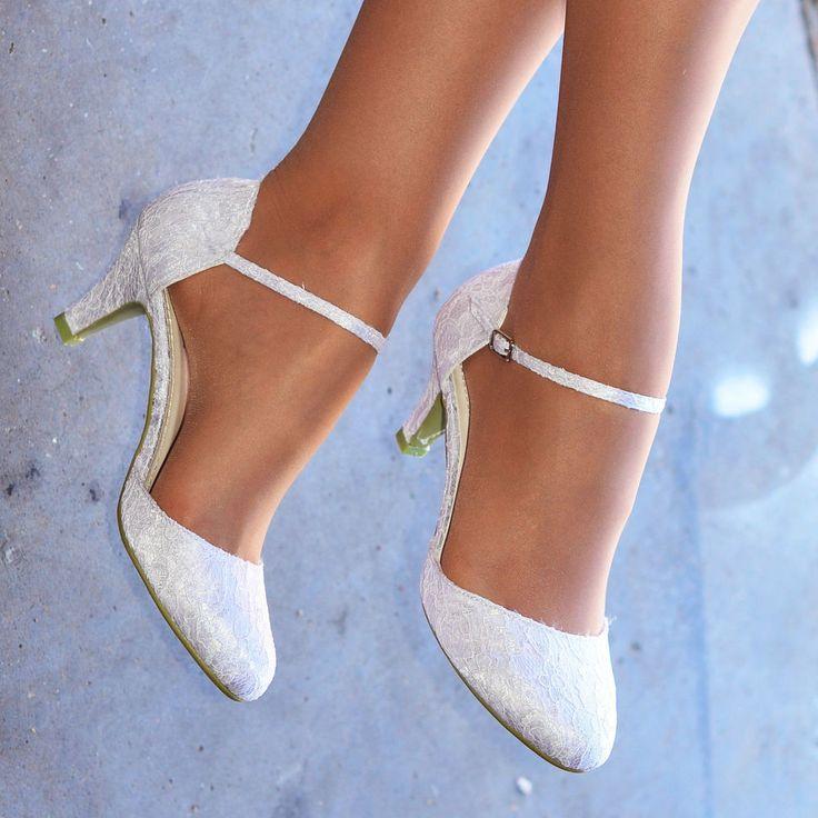 زفاف - Ladies White Ivory Lace Embellished Low Heel Ankle Strap Wedding Shoes Size 3-9
