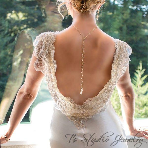 زفاف - AMELIA Pearl Back Drop Gold (or Silver) Bridal Necklace And Earrings
