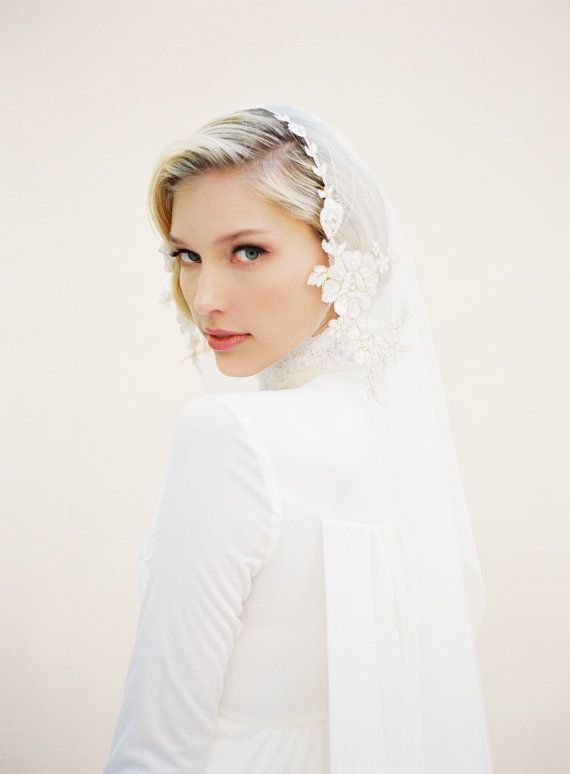 Hochzeit - 55 Inch Snow English Net With Gold Embroidered Pearl And Sequin Embellished Lace Adorned Mantilla Wedding Veil 1516