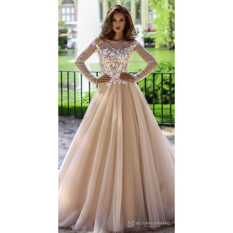 Wedding - Victoria Soprano 2018 16818 Mia Elegant Chapel Train Blush Aline Long Sleeves Illusion Tulle Embroidery Dress For Bride - 2018 Spring Trends Dresses
