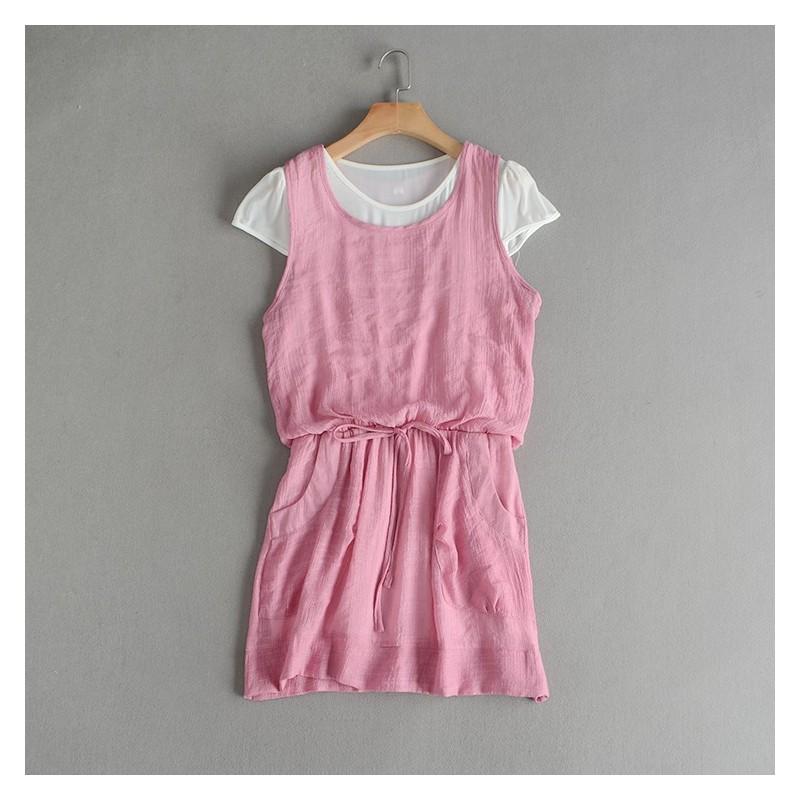 Mariage - Oversized Slimming Banded Waist Short Sleeves Ramie Candy Color Summer Dress - Discount Fashion in beenono