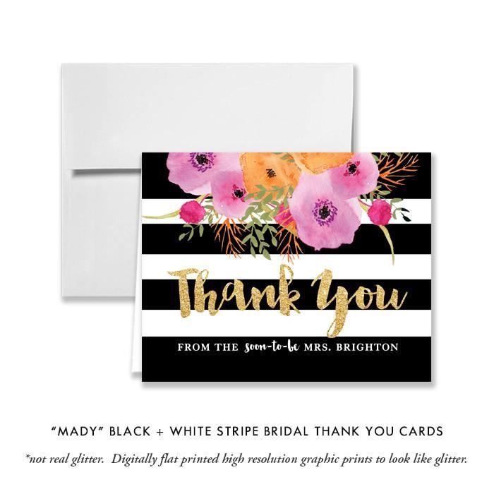زفاف - "Mady" Black   White Stripe Bridal Thank You Card