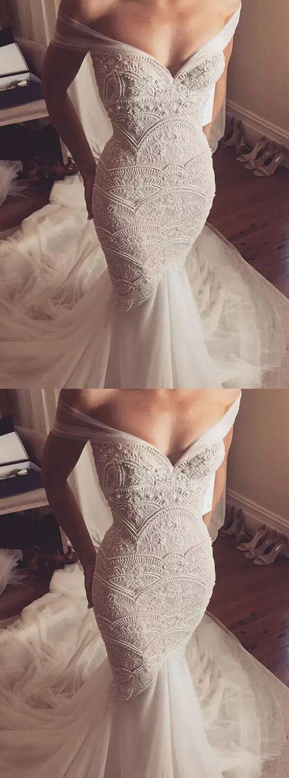 Hochzeit - Custom Made Sweep Train Wedding Dress Long White Dresses With Zipper Lace Off-the-Shoulder Glorious Wedding Dresses WF02G54-1282