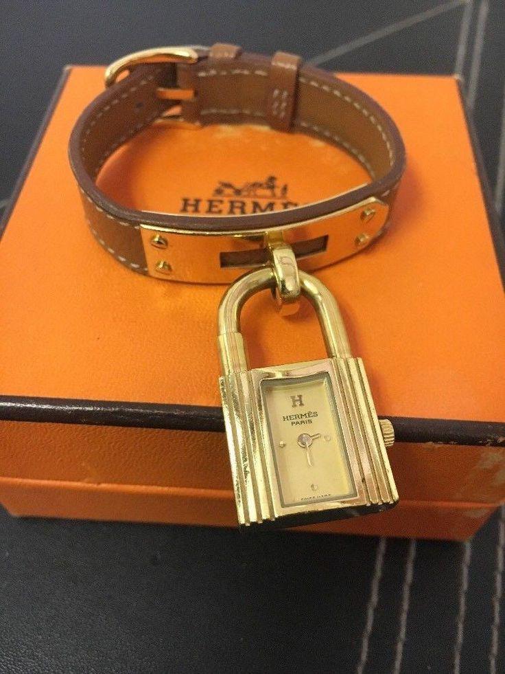Wedding - Authentic Vintage Ladies 14K Yellow Gold Hermes Kelly Watch Leather Strap