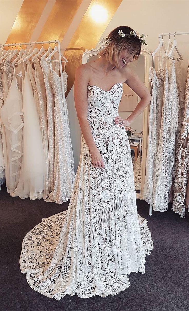 Hochzeit - A-Line Sweetheart Sweep Train Lace Beach Wedding Dress