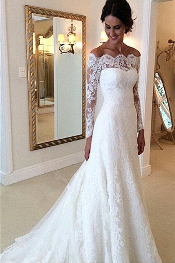 زفاف - Long Sleeves Lace A-line Boat Neckline Ivory Long Bridal Dress Wedding Dresses W33