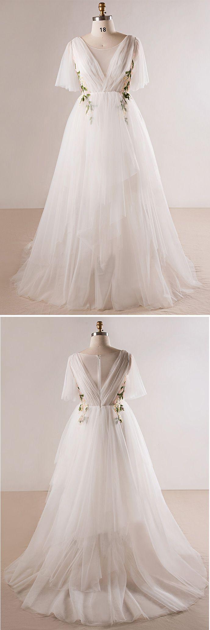 زفاف - Plus Size Flowing Long Tulle Flowers Beach Wedding Dress For Outdoor Weddings #MN026 - GemGrace.com