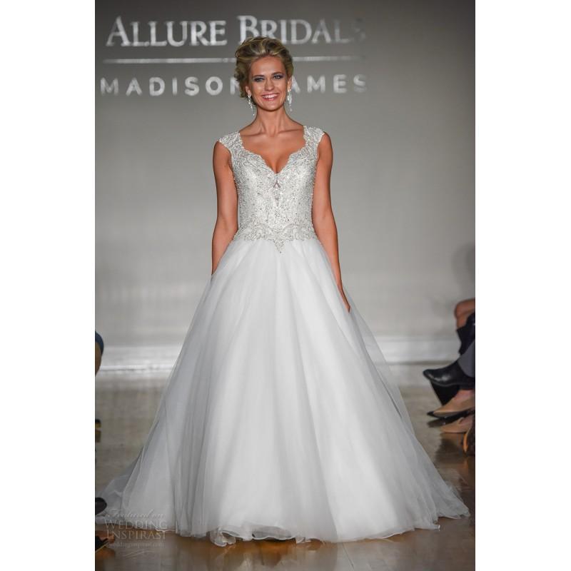 Wedding - Madison James Fall/Winter 2017 Vogue Sweep Train Ivory V-Neck Aline Sleeveless Tulle Open Back Beading Wedding Dress - Bonny Evening Dresses Online 