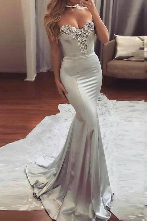 Свадьба - Discount Absorbing Long Prom Dress Mermaid Sweetheart Sweep Train Satin Prom Dress With Beading