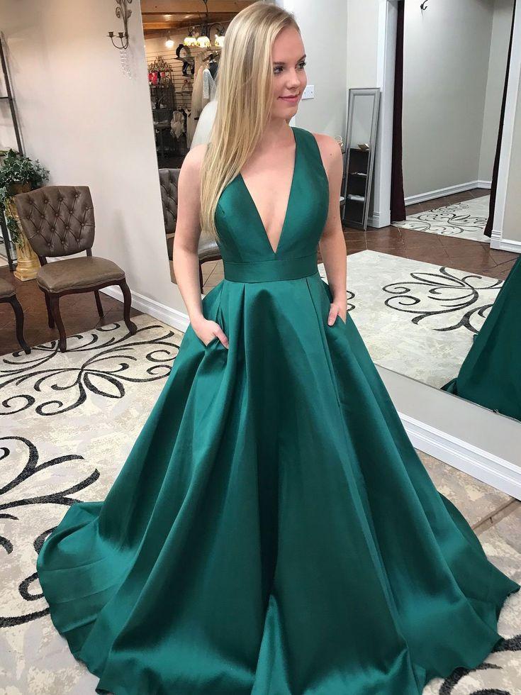 Hochzeit - Long Green Deep V-Neck Bowknot Formal Evening Ball Gowns With Pocket Prom Dresses APD3240a