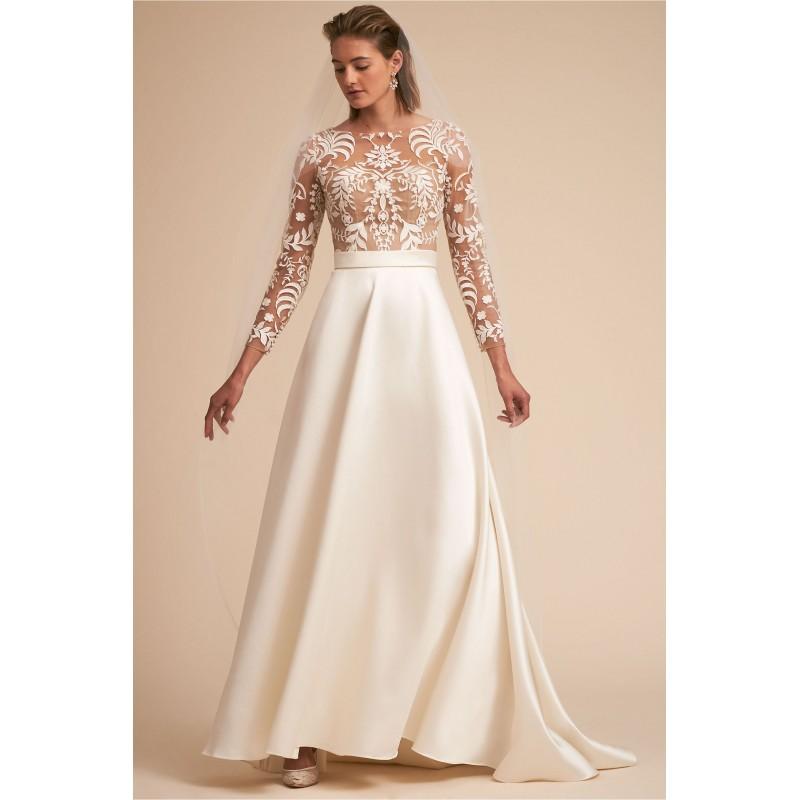 Hochzeit - BHLDN Spring/Summer 2018 Serena Vintage Embroidery Aline Bateau Sweep Train Ivory Satin Long Sleeves Wedding Dress -  Designer Wedding Dresses