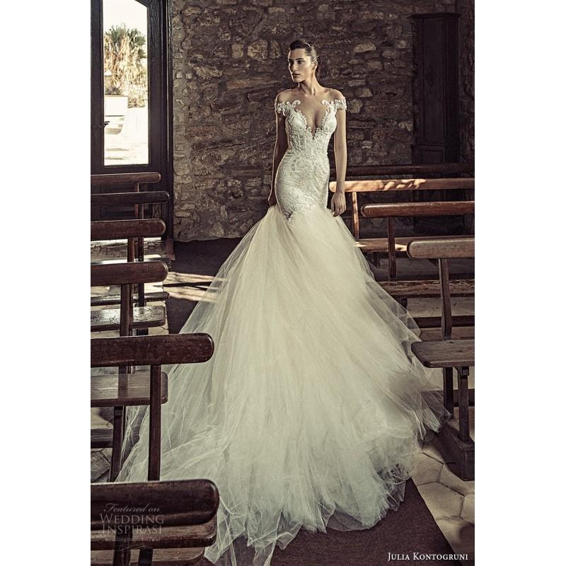 Wedding - Julia Kontogruni 2017 Cap Sleeves Illusion Elegant Ivory Royal Train Mermaid Zipper Up at Side Lace Beading Hall Bridal Dress - Branded Bridal Gowns