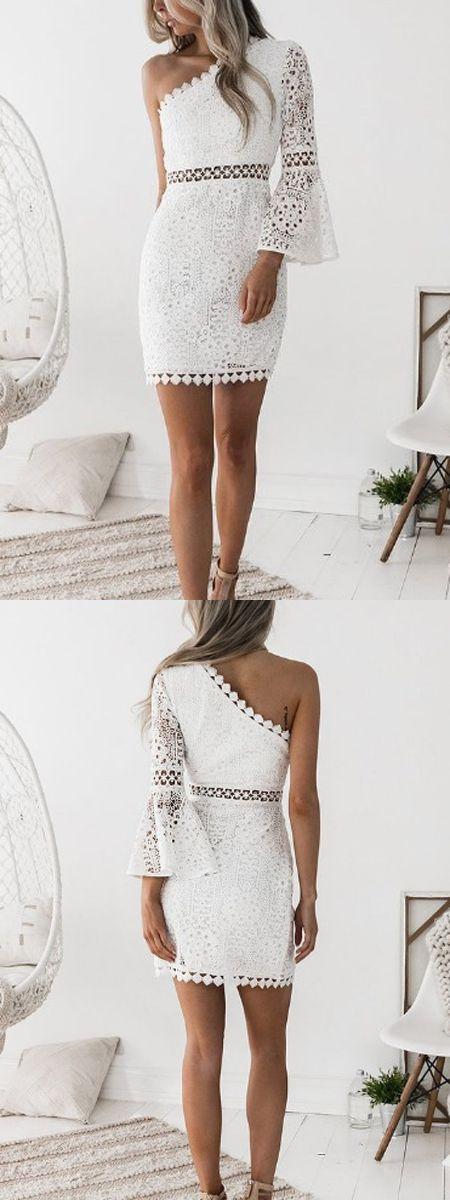 زفاف - White One Shoulder Cut Out Detail Flare Sleeve Lace Mini Dress