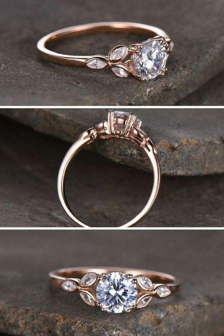 زفاف - Sterling Silver Ring/Round Cut Cubic Zirconia Engagement Ring/CZ Wedding Ring/Three Flower Marquise/promise Ring/Xmas Gift/Rose Gold Plated
