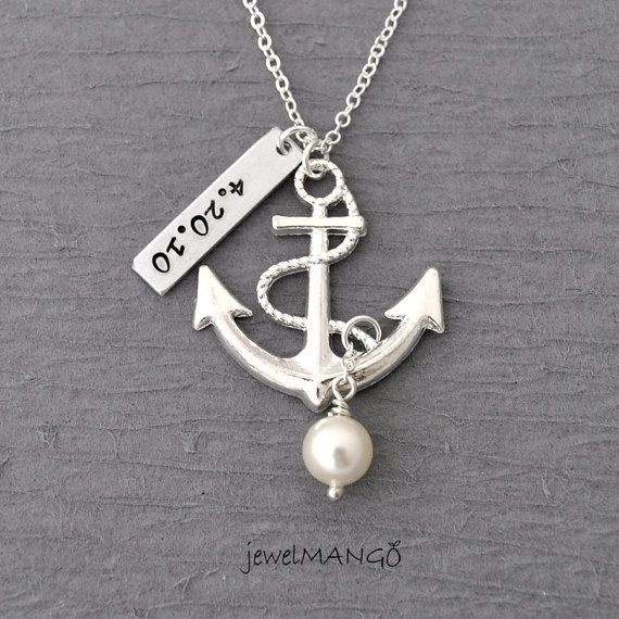 Wedding - Personalized Anchor Necklace, Wedding, Keepsake Necklace, Turquoise,special Day, Anniversary, Wedding Date, Engagement, Nautical, Birthstone