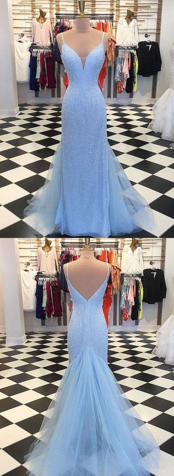 Mariage - Mermaid Spaghetti Straps Sweep Train Blue Sequined Backless Prom Dress