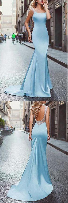 Mariage - Amazing Beading Satin Scoop Mermaid Blue Long Prom Dress OK696